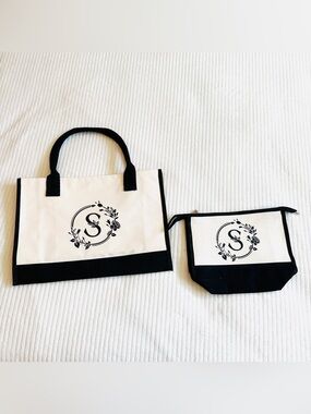Monogrammed S Canvas Tote & Zip Pouch Set - Black & White